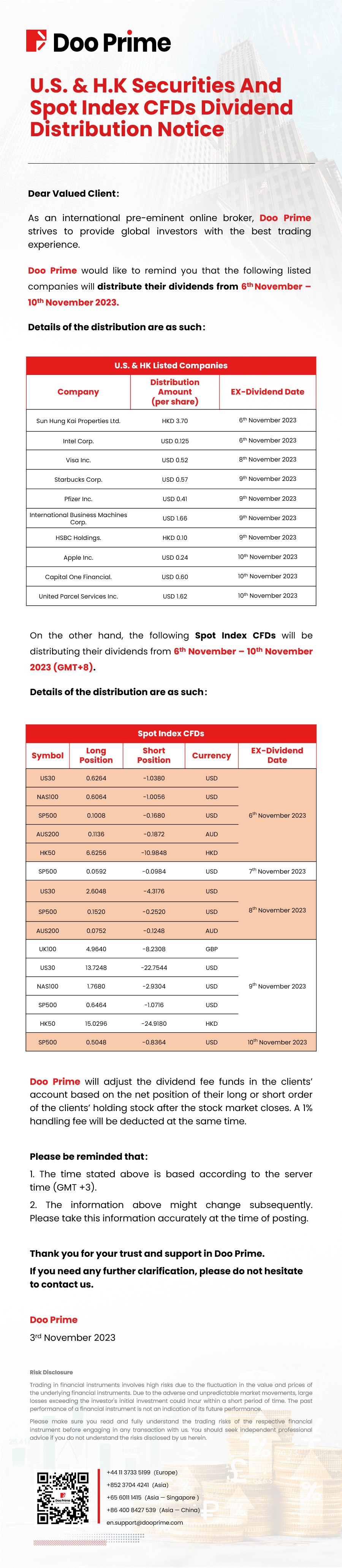 Doo Prime U.S. Securities And Spot Index CFDs Dividend Distribution Notice