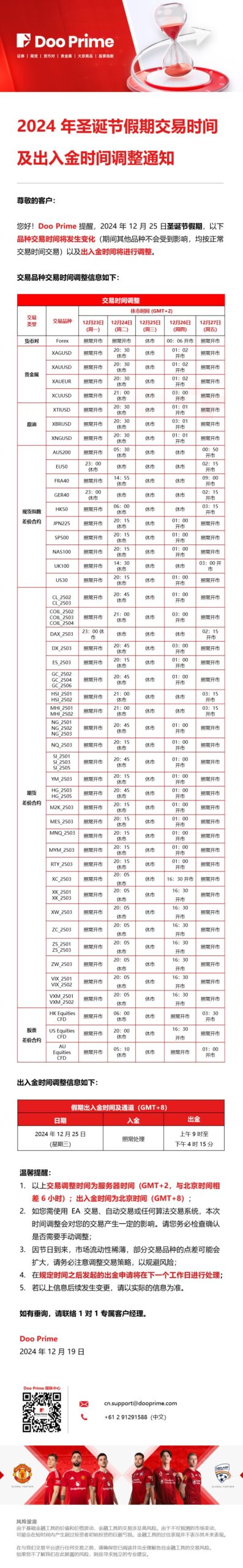 2024 年圣诞节假期交易时间​及出入金时间调整通知